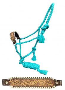 Showman Woven teal nylon mule tape halter with tooled leather noseband